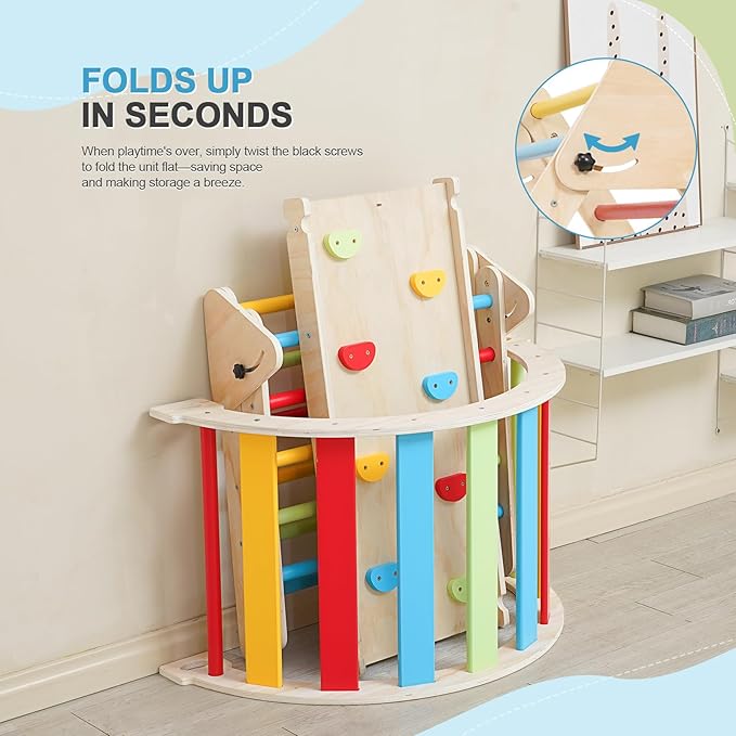 Pikler Triangle Set for Toddlers, 7-in-1 Foldable Montessori Climbing Gym with Safety Strap, Indoor Wooden Arch, Ramp, Ladder for Active Play - Classic