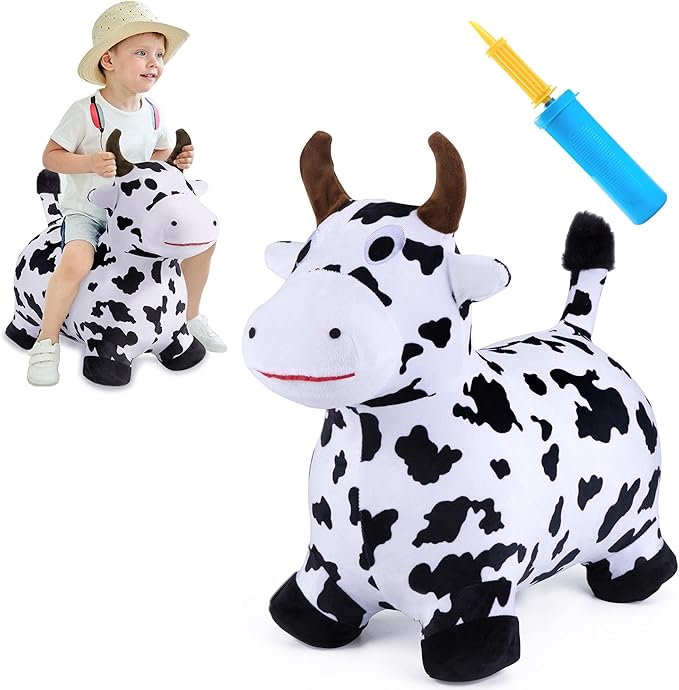 iPlay, iLearn Bouncy Pals Hopping Cow Horse, Toddler Girl Boy Inflatable Bouncing Animal Hopper Toy, Outdoor Indoor Plush Ride on Bouncer, Baby Birthday Gift 18 Month 2 3 4 Year Old Kid - Cow