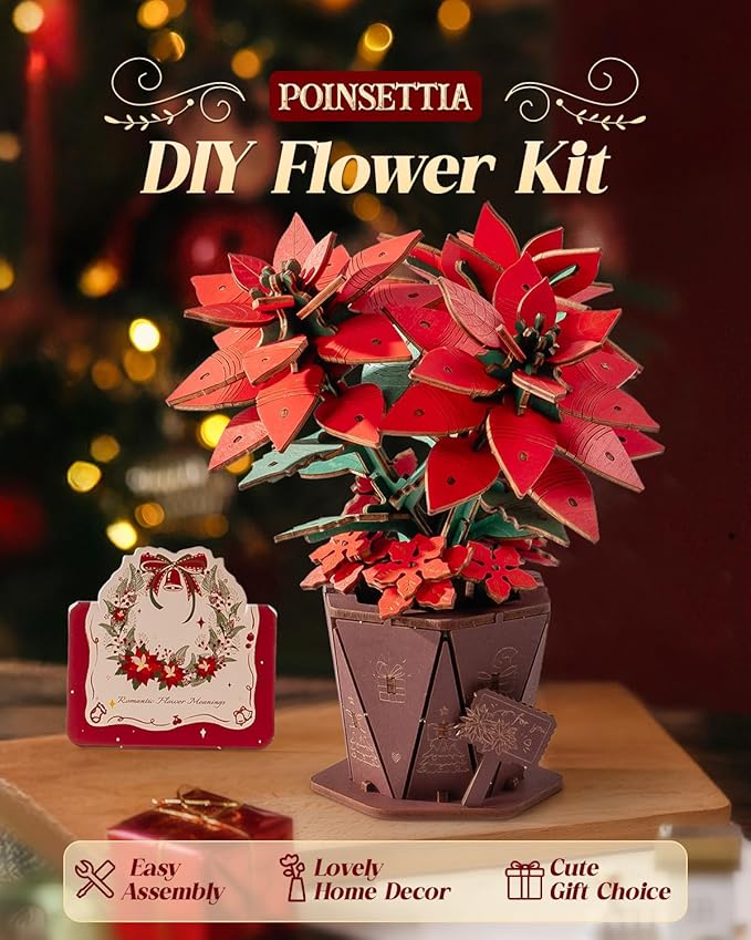 3D Flower Wooden Puzzles for Adults-Poinsettia, DIY Wooden Flowers Model Kit Building Set Crafts for Adults to Build, Botanical Collection/Ideal Creative Gift Ideas/Housewarming (153PCS)