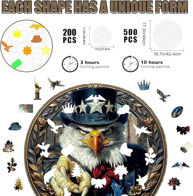 Wooden Jigsaw Puzzle, 200-500 Pieces Unique Shape Animal Puzzle, for Adults & Kids, Birthday Gift Family Game, Decorative Puzzle, Unique Gift (Eagle's Oath, 200 PCS)