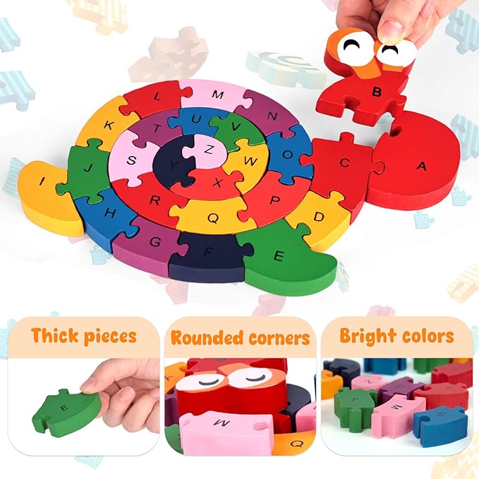 LovesTown Wooden Alphabet Snail Jigsaw Puzzles, Montessori Letters Numbers Building Blocks, Educational Learning Toys for Kids Preschool Activities