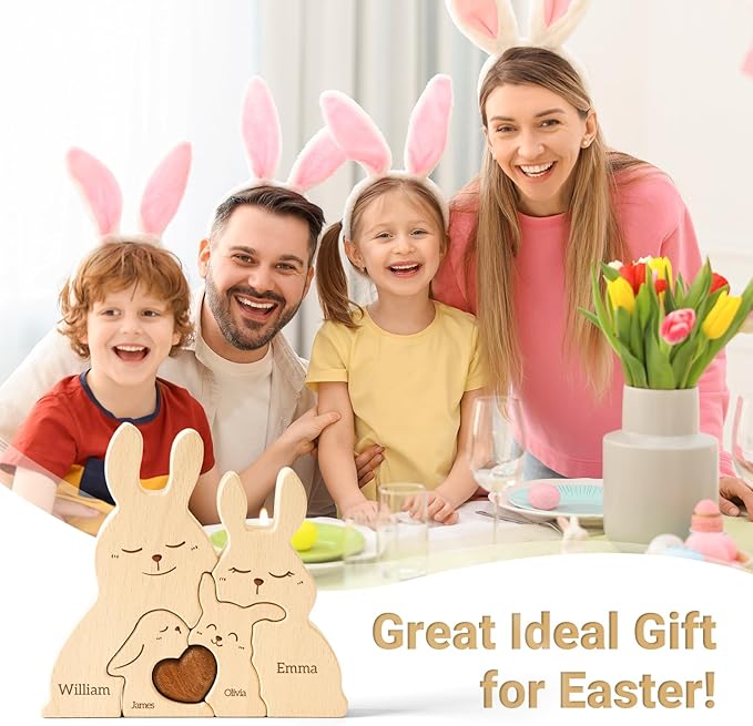 Baby Bunny Family Puzzle, Personalized Wooden Puzzles with 2–5 Names, Rabbit Toys Easter Anniversary Wedding Gifts for Women Men, Easter Decorations Housewarming Gifts for Family Couple