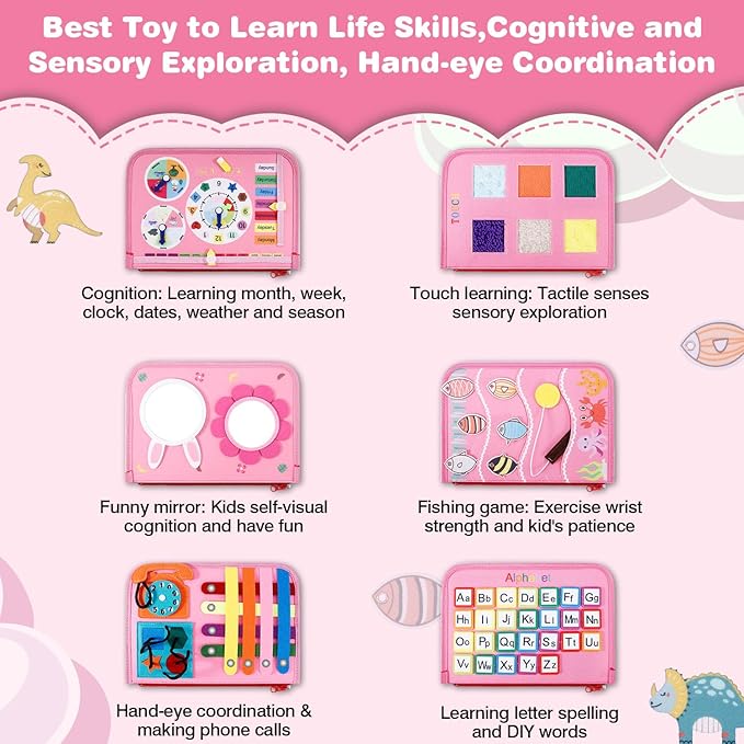 Busy Board for Toddlers, Sensory Board Travel Toys Gifts for 1 2 3 4 Year Old Girls Boys, Montessori Toys to Learn Fine Motor Skills, Educational Activities Busy Book for Airplane Car (Pink)