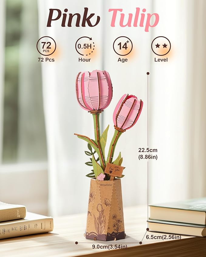rowood Wooden Flower,3D Puzzles for Adults,Artifical Flower Botanical Collection Building Kit,Mother's Day/Valentine's Day Pink Tulip