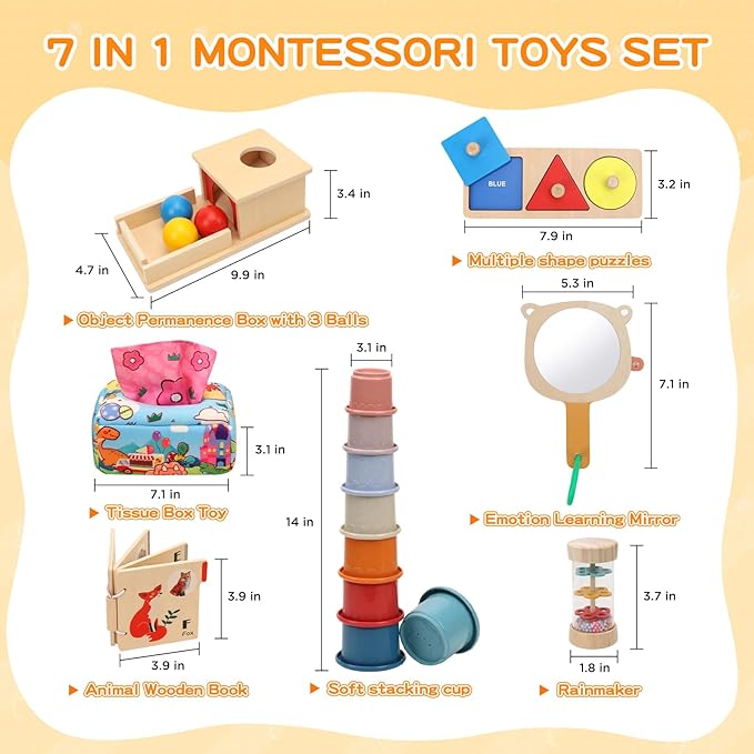 Montessori Toys for Babies 6-12 Months, 7 in 1 Wooden Educational Development Toys Sensory Learning Gift for Toddlers with Object Permanence Box, Emotion Learning Mirror, Tissue Box,Rainmaker and More
