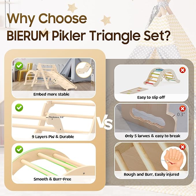 BIERUM 8 in 1 Pikler Triangle Set with Soft Cushion, Montessori Foldable Toddler Pickler Climbing Set with Ramp, Wooden Jungle Gym, Indoor Playground for Toddlers and Kids, Natural