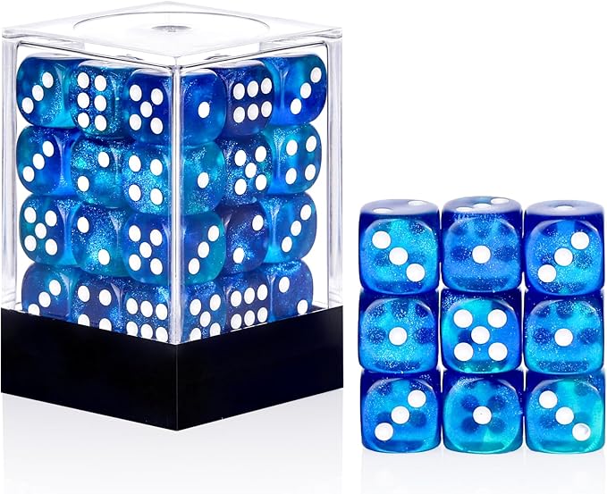 36 Pieces 12mm 6 Sided Mini Dice Set,Two Colours Glitter D6 Game Dice Set,6 Sided Standard Game Dice for Board Games Dice Games Classroom Teaching Dices Game,with Portable Gaming Box(Blue & Green)