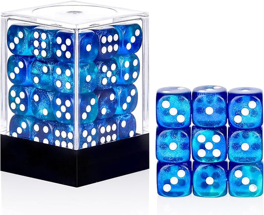 36 Pieces 12mm 6 Sided Mini Dice Set,Two Colours Glitter D6 Game Dice Set,6 Sided Standard Game Dice for Board Games Dice Games Classroom Teaching Dices Game,with Portable Gaming Box(Blue & Green)