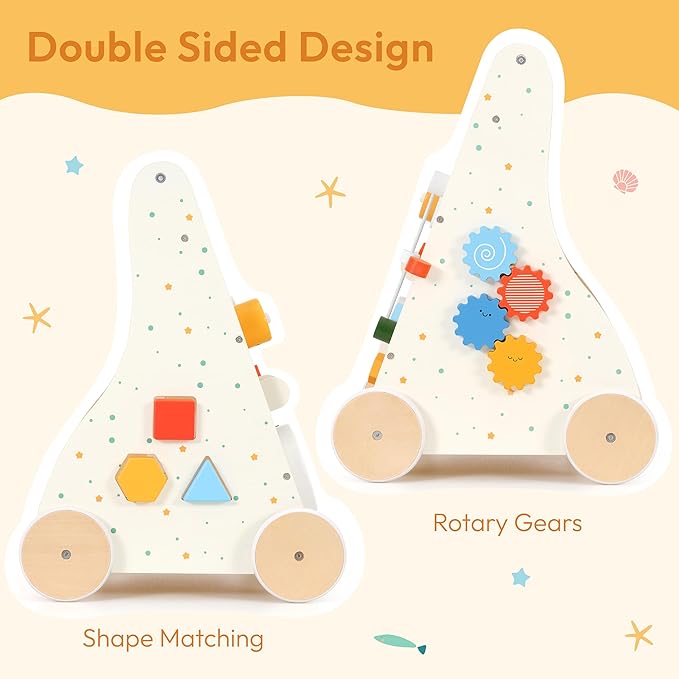 Wooden Baby Walker Push Toy with Activity Center, Montessori Toddler Walking Wagon with Blocks, Gears & Shape Sorter for 1 2 3 Year Old Boys Girls
