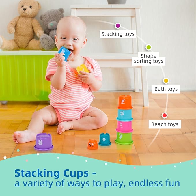 TOOKYLAND Montessori Toys for 1 Year Old, 8 in 1 Learning Educational Set Wooden Toys (Includes Stacking Cups, 3-in-1 Educational Box, Pound Bench, Shape Puzzle and More)