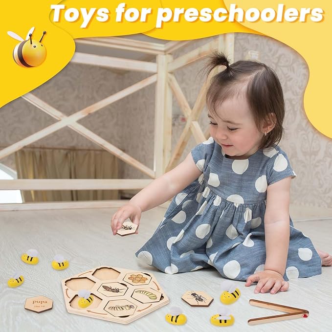 Adena Montessori Wooden Bee Life Cycle Puzzle Toy Set with Tray and Clamp, Animal Life Cycle Educational Activity for 3-6 Year Old Boys & Girls