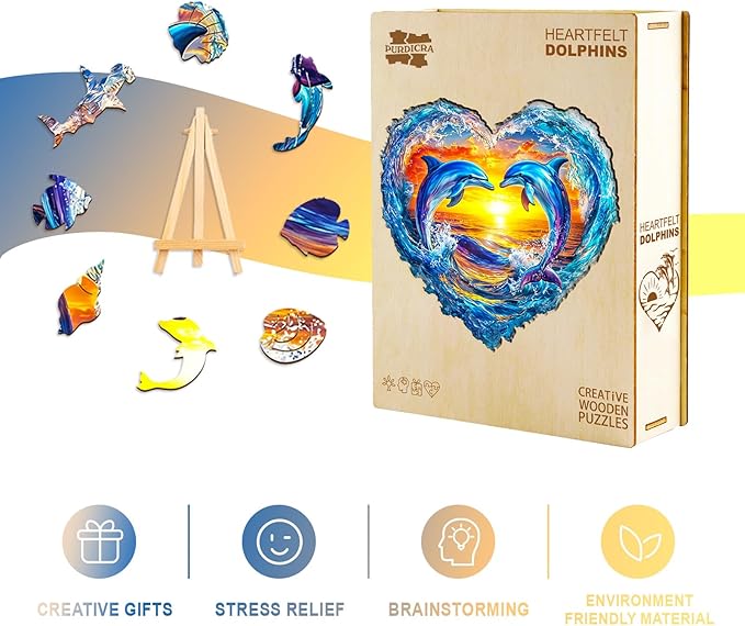 Wooden Puzzles for Adults - Heartfelt Dolphins Wooden Jigsaw Puzzle, Unique Animal Shaped Wood Puzzles Adult, Christmas Birthday Gifts for Friends/Family, Home Decor 8.5 * 8.3in 90pcs