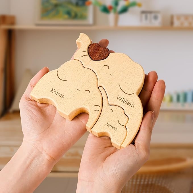 Wooden Elephant Family Puzzle, Personalized Puzzles with 2–5 Names, Father's Day Mother‘s Day Personalized Gifts for Mom Dad Kids Teen Boys Girls Grandma, Toddler Men Birthday