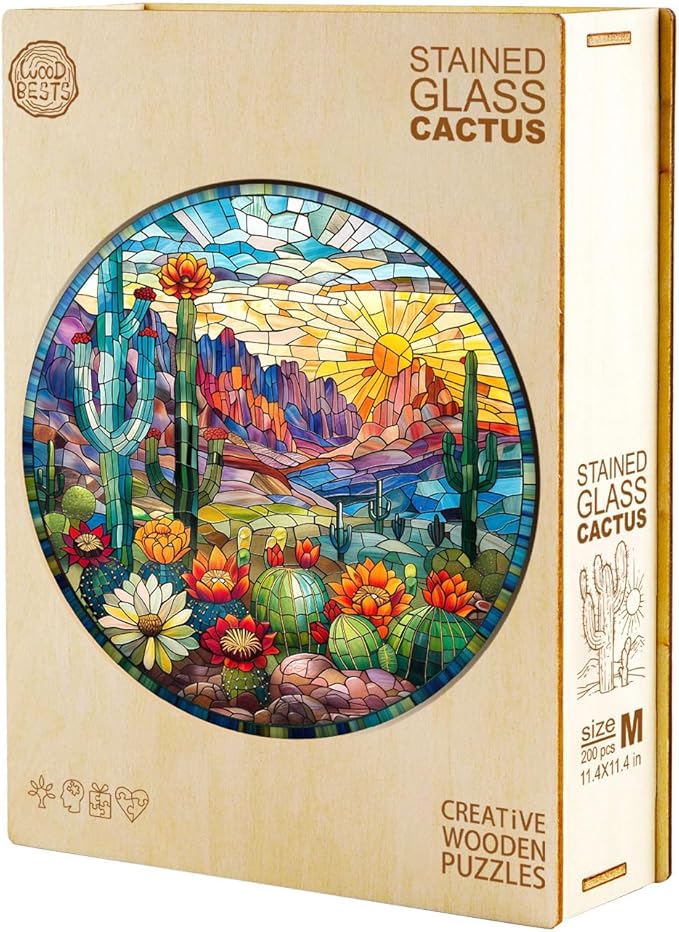 Jigfoxy Wooden Puzzles for Adults, Stained Glass Cactus Wood Puzzles Adult, Unique Animal Shape Wooden Jigsaw Puzzles for Adults, Birthday Gifts for Puzzle Lovers, Family (L-13.4 * 13.4in-300pcs)