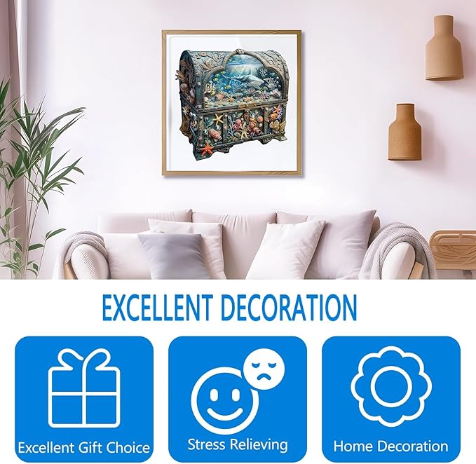 Wooden Puzzles for Adults - Treasure Chest Ocean Wooden Jigsaw Puzzle, Unique Shape Ocean Wood Puzzles Adult, Gifts for Family and Friends, Wall Art Home Decor (M-11.4 * 11.2in- 195 Pieces)