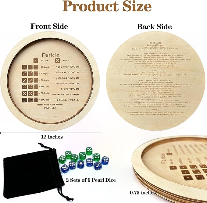 Farkle Dice Tray, Farkle Classic Dice Game with Tray and 2 Sets of 6 Pearl Dice, 12" Wooden Dice Tray for The Classic Family Game