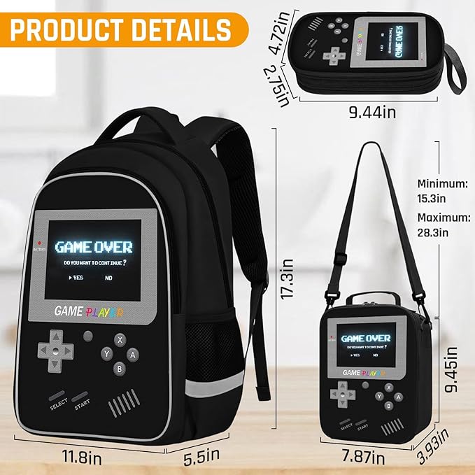 School Backpack For Boys - Gamer Boys Backpack For Kids Children Teens Elementary Middle School - Ages 6-18，17″