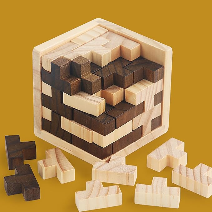 Wooden Brain Teaser Puzzle Cube Easter Basket Stuffers Wooden Puzzles T-Shaped Jigsaw Logic Puzzle Educational Toy for Kids and Adults by AHYUAN (Brown and Natural)