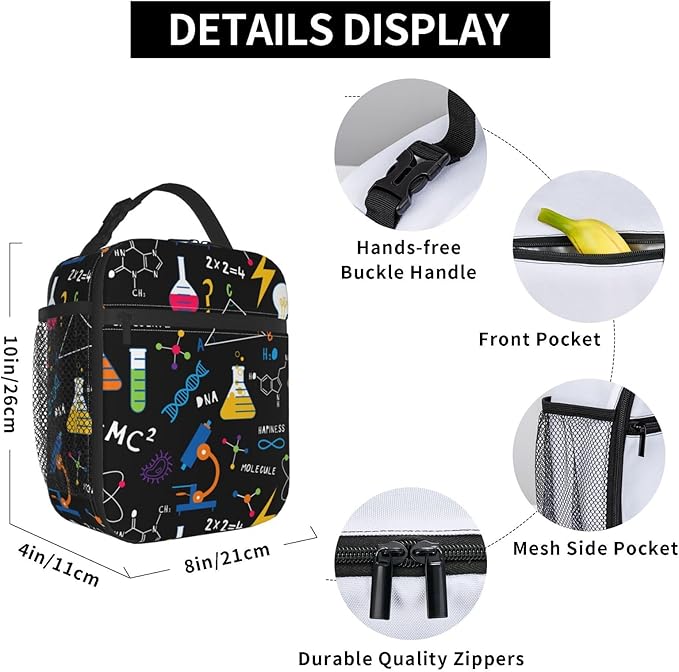 Science Chemistry Biology Physics Pattern Reusable Lunch Box Food Bag Insulated Lunch Bag for Teenage Boys Girls School Beach