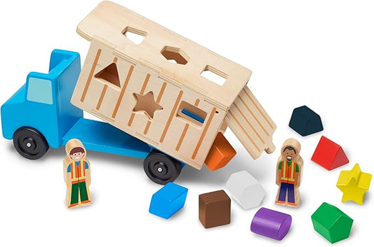 Melissa & Doug Shape-Sorting Wooden Dump Truck Toy with 9 Colorful Shapes and 2 Play Figures Wooden Vehicle Toys, Shape Sorter Toys for Toddlers Ages 2+