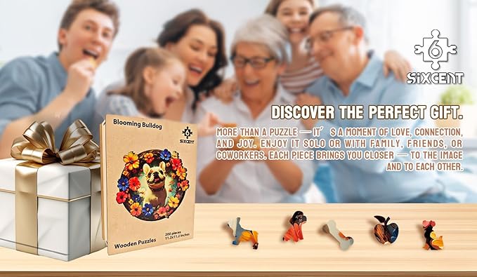 Wooden Jigsaw Puzzle, 200-500 Pieces Unique Shape Animal Puzzle, for Adults & Kids, Birthday Gift Family Game, Decorative Puzzle, Unique Gift (Blooming Bulldog, 200 PCS)