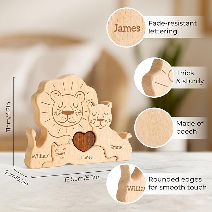 Wooden Lion Family Puzzle, Personalized Puzzles with 2-5 Names, Mothers Day Birthday Gifts for Women Men, Customized Home Decor Housewarming Gifts for Parents Couple Friends