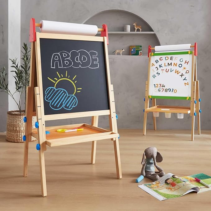 Tiny Land Easel for Kids with 2 Drawing Paper Roll, Adjustable Kids Art Easel, Learning-Toy for 3,4,5,6,7,8 Years Old Boy & Girls, Wooden Chalkboard & Magnetic Whiteboard & Painting Paper Stand