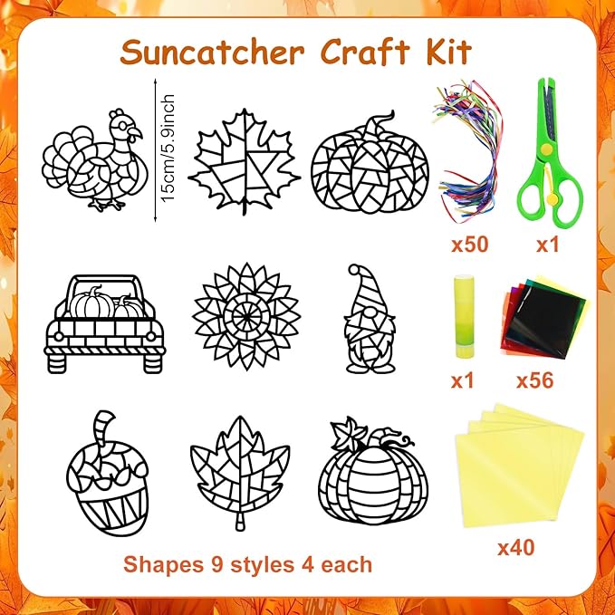 EggSun 36 Sets Fall Thanksgiving Suncatchers Craft Kit for Kids Ornaments Stained Glass Window Arts and Crafts Kit for Classroom Holiday Projects Home Party Favors Decorations Ages 4 8 12