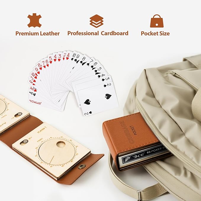 Travel Cribbage Board Game Set, Portable Unique Peg-Free Cribbage Board, Leather & Magnetic Rotating Wood Scoreboard with Playing Cards, Pocket Sized Tiny Card Game Board
