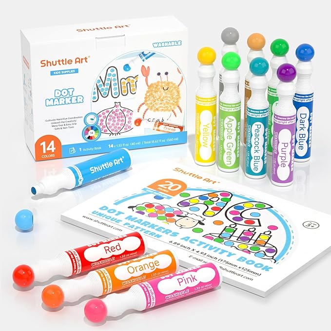 Shuttle Art Dot Markers, 14 Colors Bingo Daubers with 20 Unique Patterns of Dot Book for Toddler Art Activities, Non-Toxic Washable Coloring Markers for Preschool Kids Learning