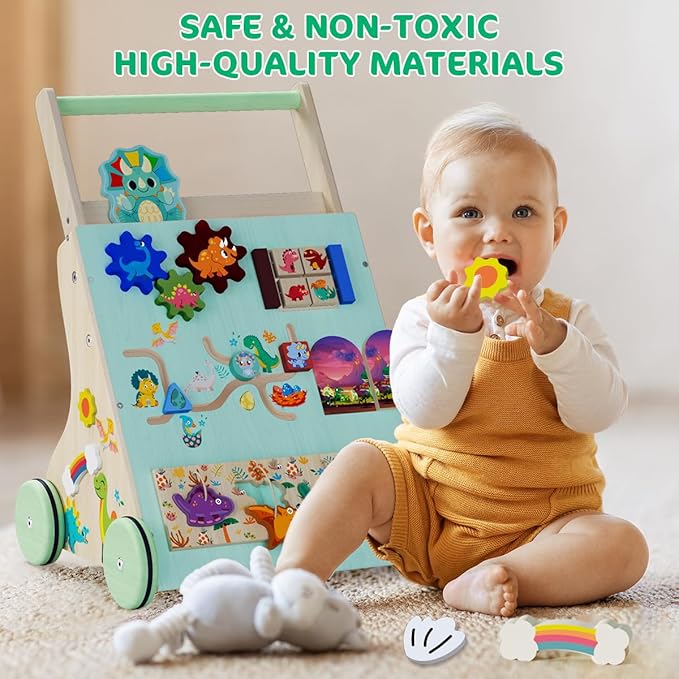 Wooden Baby Walker, Dinosaur Toddler Push Walker, Montessori Learning Activity Center for Boys Girls, Develops Motor Skills Sit-to-Stand Toys Multifunctional Educational Gifts for Kids Infant