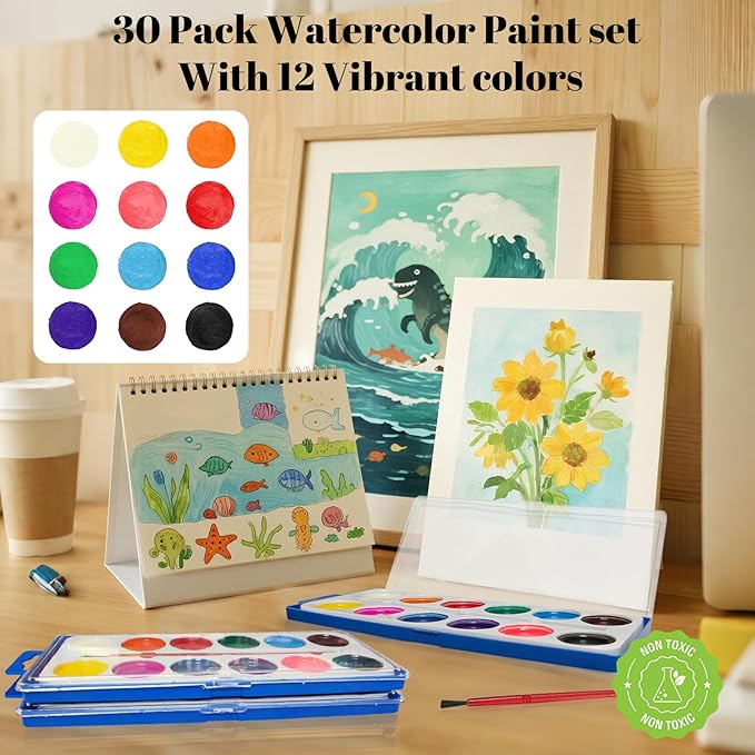30 Pack Watercolor Paint Set Bulk, with 12 Vibrant Colors and 30 Brushes, Washable Water Color Paint Sets for Kids and Adults, Ideal Gift for Art Painting Party Favors, School Supplies
