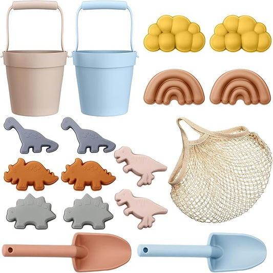 Hungdao 16 Pcs Silicone Beach Toys and 1 Mesh Beach Bag Set Collapsible Sand Toys Travel Sand Box Blue Red Bucket Shovel and 3D Marine Theme Molds for Summer Outdoor (Cute Style)
