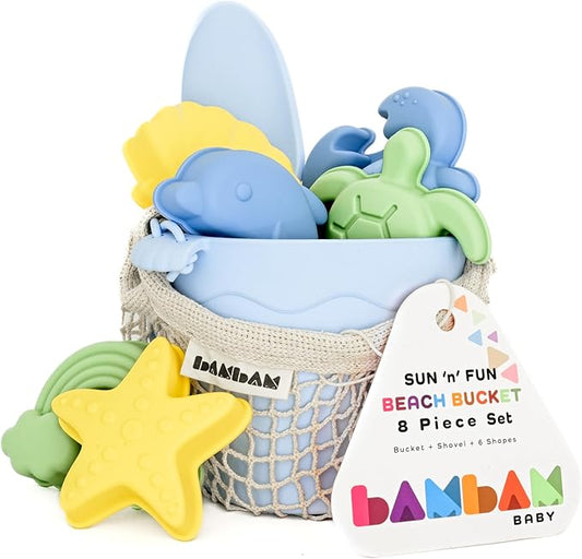 BAMBAM Baby – Premium Silicone Beach Toys for Toddlers & Baby | 100% BPA Free, Safety Tested | 8 Piece Sand Bucket Set for Kids Ages 6 Months and Up (Beach Blue)