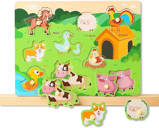GRINNIE Wooden Toddler Puzzle for 3 4 5 Years Old, Preschool 4 PCS Learning Toy Ages 2-4 Kid Puzzles (ABC, Shape, Farm and sea Animals), Educational Toy Gift for Girls Boys Birthday Christmas