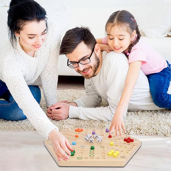 HOROW Wahoo Board Game Wooden Original Board Game 15 inch Classic 2 Side Painted Fast Track Game for 4 Player and 6 Player with 30 Marbles,6 Dices for Family Game Night