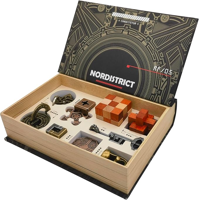 IQ Challenge Puzzles - Metal & Wooden Mechanical Puzzle Box Set 9PCS, 3D Brain Teaser Games for Adults & Teens, Handheld Decryption Lock Toys