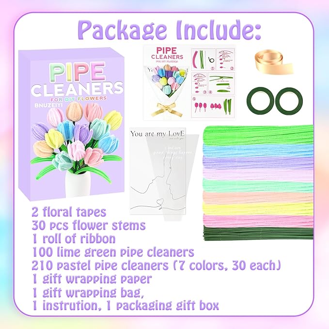 Pipe Cleaners Craft Kit 8 Assorted Colors Pipe Cleaners Bulk Flower Making Kit Chenille Stems DIY Arts and Crafts Supplies for Kids Adults Creative Bouquet Festival Home Decor Toys Gifts, Tulip