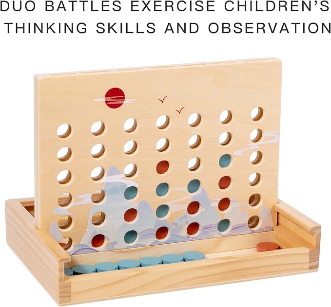 Wooden 4 in a Row Game - Classic Strategy Game for Adults Children-Connecting 4 Same Color Connection Rows- Travel Game Family Checkerboard Game Toys Adult Gift with Unique Printed Patterns.