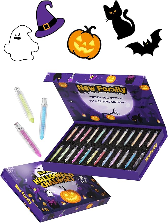 NewFamily Halloween Dustless Chalk Set - 24 Colors, Non-Toxic Washable Chalk with Spooky-Themed Magnetic Drawing Boards, Festive Gift for Kids & Toddlers