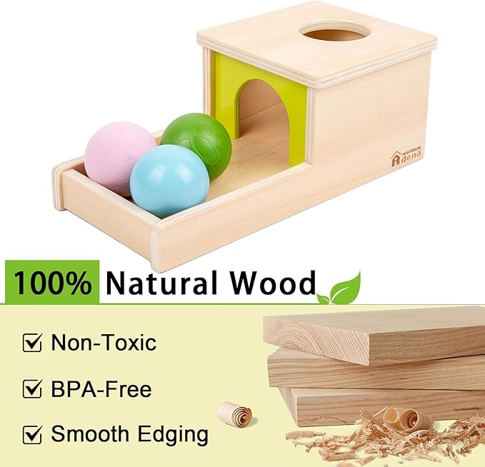 Adena Montessori Object Permanence Box with Tray Three Balls Montessori Toys for 6-12 Months Baby 1 Year Old Infant Toddler (Small Box - Typical)