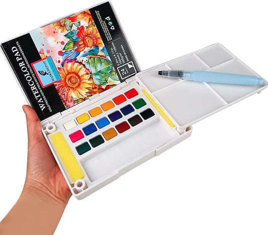 Watercolor Paint Set,Vivid Colors Travel Paint Set Graspable Painting Set Watercolor Sketching Kit with Water Brush Pens,24 Sheets Watercolor Papers,3 Online Tutorial Video - 18colors