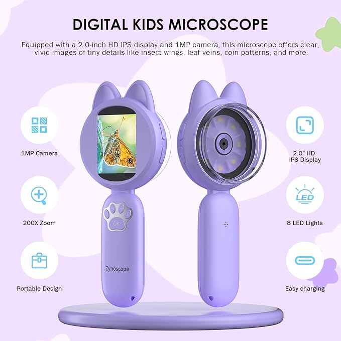 Kids Microscope 100X Magnification, STEM Handheld Digital Science Kit, Portable Educational Toy for Ages 3-16, Birthday for Boys & Girls Purple