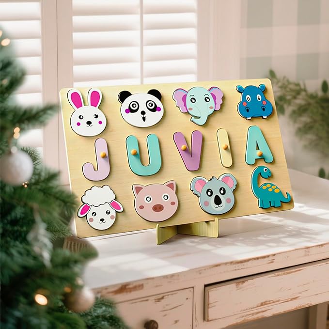 Name Puzzle for Kids Personalized - Custom Name Puzzles for Toddlers 1-3, Customized Wooden Animal Puzzle, Baby Gifts, Baby Shower, Christmas, Newbaby Gift, Gifts for 0 1 2 3 Years Old (style-05)