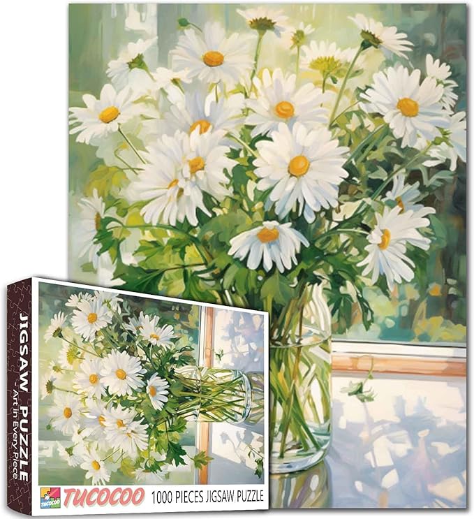 Jigsaw Puzzles 1000 Pieces for Adults-White Daisy Flower Hardboard Puzzle-Challenging Puzzle Perfect for Game Nights-DIY Home Wall Decor-Art Puzzles-White Flowers with Green Leaves in Vase 27" x 20"