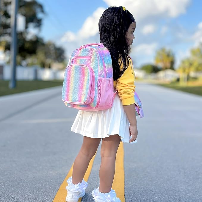 mibasies Toddler Backpack for Girls 2-4: Glitter Kids Backpacks for Girls - Preschool Kindergarten Backpack - Rainbow Pink