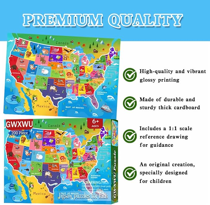 Puzzles for Kids Ages 6-8 and 8-10 – 200 Piece USA Map Jigsaw Puzzle – Educational Learning Toy for Boys and Girls