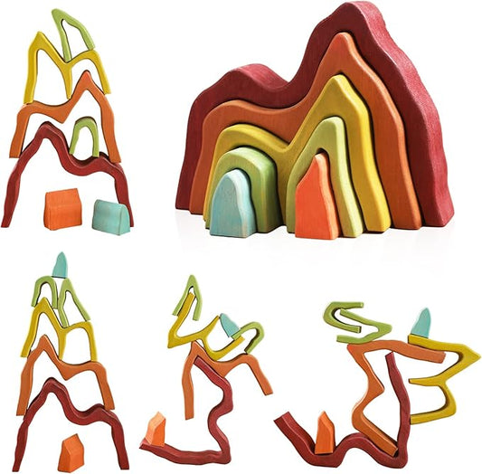 Wooden Rainbow Stacking Toy | House Bulding Block | Montessori Geometry Educational Stacking Game | Learning Educational Toys for Kids Baby Toddler（Volcano）