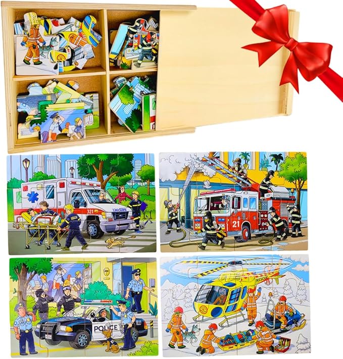 4-in-1 Wooden Puzzles for Boys 48 PCs Puzzles for Kids Ages 4-6 Great Gift for Boys,Car Puzzles for Kids Ages 4-8, Wood Puzzles for Kids Ages 3-5 Jigsaw Puzzle Box, Summer Activity Outside