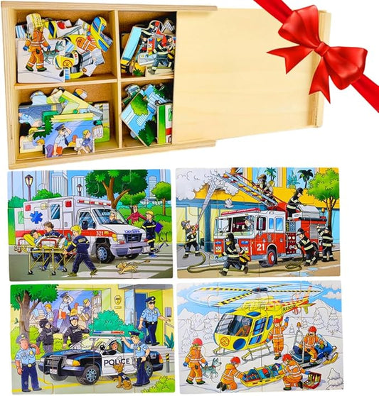 4-in-1 Wooden Puzzles for Boys 48 PCs Puzzles for Kids Ages 4-6 Great Gift for Boys,Car Puzzles for Kids Ages 4-8, Wood Puzzles for Kids Ages 3-5 Jigsaw Puzzle Box, Summer Activity Outside